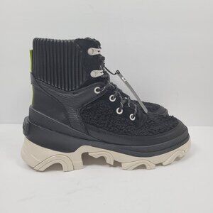Sorel Brex Leather & Faux Shearling Lace-Up Women's Black Boots US Size 7 NWT